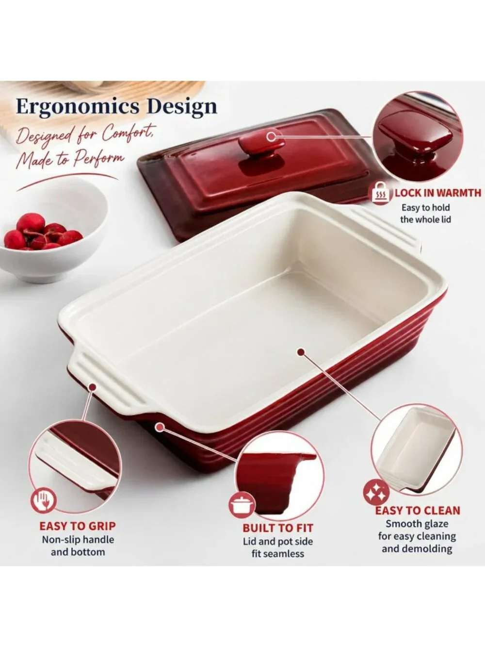 4.5 Quart Ceramic Casserole Dish with Lid - Oven & Microwave Safe Bakeware for
